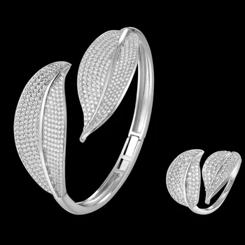 Zlxgirl šperky vysoké kvality dva listy cuff náramek s prsten šperky sady v pořádku ženy velikost zirkony měděný náramek a náramek dárek