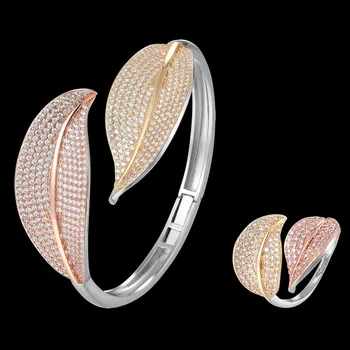 Zlxgirl šperky vysoké kvality dva listy cuff náramek s prsten šperky sady v pořádku ženy velikost zirkony měděný náramek a náramek dárek