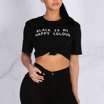 Černá Je Moje Šťastná Barva Slogan Print Ženy O-Neck T Košile Ženy Ležérní Vintage Harajuku Top Tričko Camisas Mujer Módní Oblečení