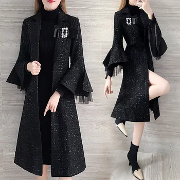 Černá Vlněná dámská Větrovka Dlouhý Kabát Ženské Oblečení Módní Tenký Trenčkot Pro Ženy Casaco Feminino Kabát