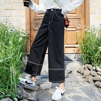 Černé retro stretch kotník široký nohou kalhoty 2020 podzimní módní dámské džíny, volné rovné vzplanul kalhoty
