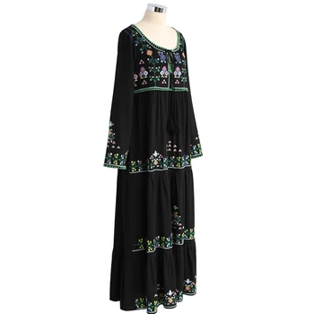 Černé šaty květinové boho vyšívané šaty Vintage o-neck střapcem dlouhý Rukáv šaty hippie dlouhé šaty ženy značky oblečení