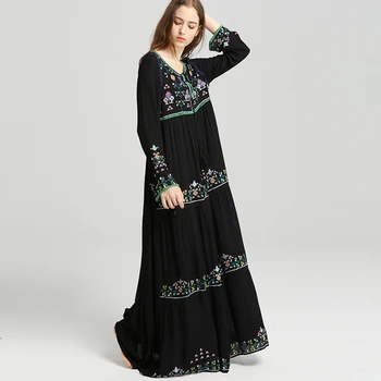 Černé šaty květinové boho vyšívané šaty Vintage o-neck střapcem dlouhý Rukáv šaty hippie dlouhé šaty ženy značky oblečení