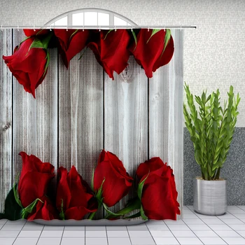 Červená Růže Květ Sprchové Závěsy Set Valentýna, Páry, okvětní Lístek Koupelna Dekor Home Vana Opony a Flanelové Mat Koberec
