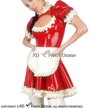 Červené A Bílé Sexy Pokojská Latexové Šaty S Zástěru Vysoký Límec na Zip Zpět Gumové Jednotné Dupačky Bodycon LYQ-0125