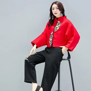 Čínský Styl Oblečení Ženy Červené Výšivky Lidových Retro Vintage Kabát Bunda Ženy Ethinc Halenka Dámy Čínské Topy FF2540