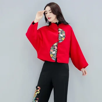 Čínský Styl Oblečení Ženy Červené Výšivky Lidových Retro Vintage Kabát Bunda Ženy Ethinc Halenka Dámy Čínské Topy FF2540