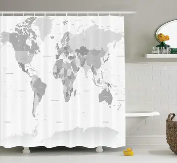Šedá Dekor Sprchový Závěs Mapa Světa s Všech Zemí a Hlavních Měst Vesmír, Země, Kontinenty Tkaniny Koupelna