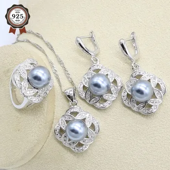 Šedé Perlové Stříbrné Barevné Svatební Šperky Set pro Ženy, Náušnice, Náhrdelník, Přívěsek, Prsten, Dárek k Narozeninám