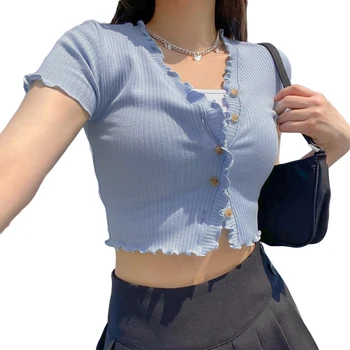 Žebrované Oříznuté T košile Ženy Ležérní Pletení T-košile v Létě Roku 2020 Módní Crop Top Lady Harajuku Slim Tee Girls Mini Top