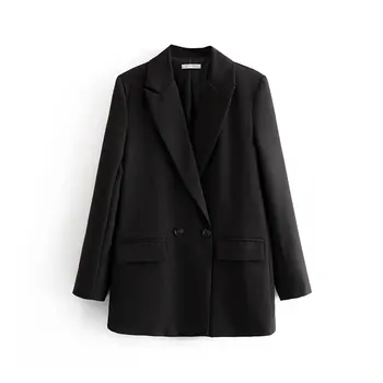 ženy, elegantní solidní modrý černý blazer vroubkované límce dlouhý rukáv kapsy kabátu ženské office nosit sako formální topy