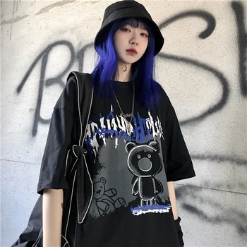 Ženy Gothic Grafické T Shirt Harajuku Tričko pro ženy Letní Korean Ulzzang Tee Top Streetwear Gotický Horor Šaty Černá Šedá