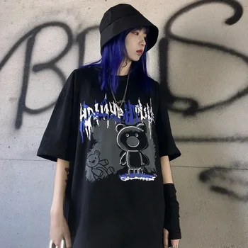 Ženy Gothic Grafické T Shirt Harajuku Tričko pro ženy Letní Korean Ulzzang Tee Top Streetwear Gotický Horor Šaty Černá Šedá