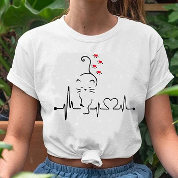 Ženy Grafický Zvíře Kočka Káva Láska 2021 Vtipné 90. let Trend Jaro Léto Tisk Ženy Tričko Lady Oblečení Topy Tees T-Shirt