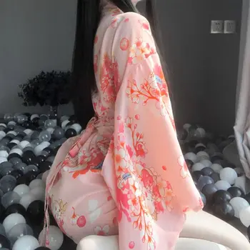 Ženy Japonská Sexy Krátké Kimono Yukata Květinové Kočka Tisk Lolita Anime Župan Cosplay Spodní Prádlo Bowknot Noční Košili