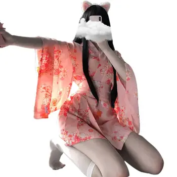 Ženy Japonská Sexy Krátké Kimono Yukata Květinové Kočka Tisk Lolita Anime Župan Cosplay Spodní Prádlo Bowknot Noční Košili