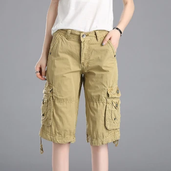 Ženy Kolena Délka Cargo Kalhoty Více kapes Venkovní Neformální 5-body Denim Kalhoty Pro Cestování Bojové Kalhoty Plus Velikost