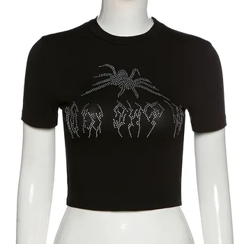 Ženy Krátký Rukáv Kulatý Výstřih Sexy Oříznuté Top Y2k Estetické 2021 Jaře Nový Spider Diamond Bavlněné tričko Černé Dropshipping