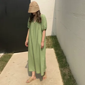 Ženy Letní Zelené Vintage Bavlněné Povlečení V Krku Dlouhé Šaty Krátký Rukáv Volné Plus Velikost Šaty s Pás Plná Barva