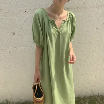 Ženy Letní Zelené Vintage Bavlněné Povlečení V Krku Dlouhé Šaty Krátký Rukáv Volné Plus Velikost Šaty s Pás Plná Barva
