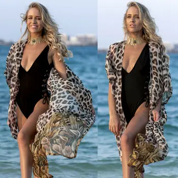 Ženy Letní Šifon Leopard Tisk Bikini Cover-Up Plavky Plážové Šaty Zavinovací Kimono Kaftan Svetr Plavky Pareo Župan
