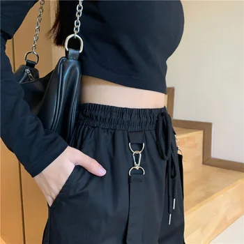 Ženy Módní Harajuku Cargo Kalhoty Černé Odnímatelný Popruh Kalhoty Ženské Pase Streetwear Kalhoty Plus Zise Ležérní Kalhoty