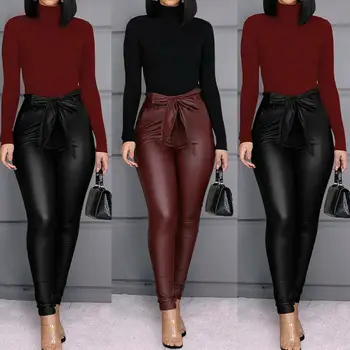 Ženy Noční Klub PU Kůže Stretch Tužka Slim Kalhoty Jaro Podzim Streetwear Skinny s Vysokým Pasem Kalhoty 2020 Nové
