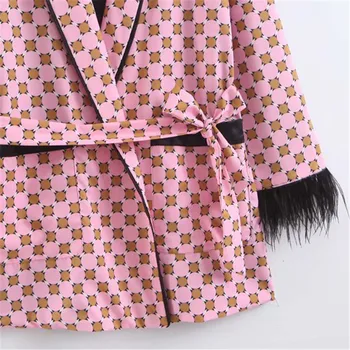 Ženy peří patchworks oblek růžové sako Střapcem zdobí 2019 dlouhý rukáv dámy Dot tisk sako ženské office kabát