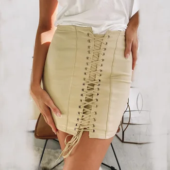 Ženy Podzim jednobarevné Sukně, Jelení kůže Sametové Tkaniny Slim Sexy Vysoký Pasu Krajka-Up-line Sukně 2020 Nové Horké Mini Sukně S-XL