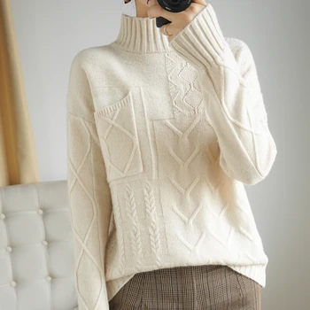 ženy polovinu vysoká krk svetr s dlouhými rukávy kapsy kašmírový svetr vlněný pletený svetr dna