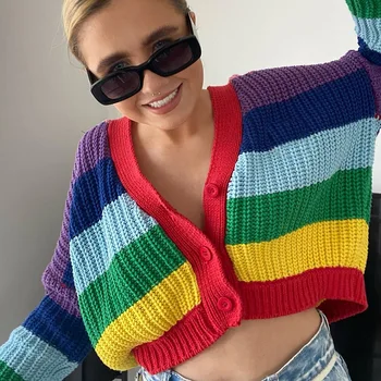 Ženy Rainbow Stripe Knit 90 Vesty Ženy Preppy Styl Roztomilý Kawaii Estetické Úplet Kontrastní Steh Y2K Oříznutí Svetry 2021