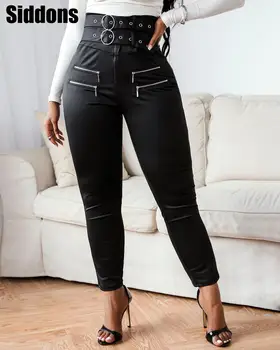 Ženy Solidní Vysokým Pasem Očkem O-Kroužek Na Zip Design Skinny Kalhoty Ležérní Kalhoty Módní Kalhoty S Páskem