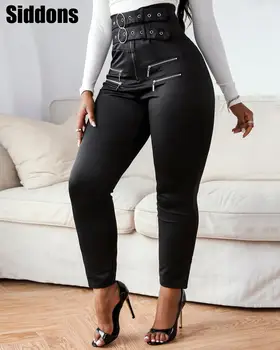 Ženy Solidní Vysokým Pasem Očkem O-Kroužek Na Zip Design Skinny Kalhoty Ležérní Kalhoty Módní Kalhoty S Páskem