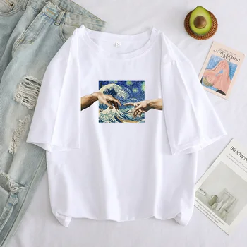 Ženy T Košile Vtipné Tisk Estetické Ruku Grafické T-shirt Nadrozměrné Tričko Ležérní Top Tees Michelangelo Oblečení Ženy T-shirt