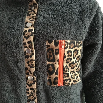 Ženy teplé Kabáty Fleece Leopard Splice Single-breasted Plyš Dlouhý Rukáv Kabát Nové Podzimní Zimní Ležérní Nadýchané Plyšové Teplé Sako