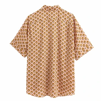 ženy vintage geometrické tisk kapsy patch kimono halenka krátký rukáv ležérní tričko office lady blusas femininas elegantní topy LS6435