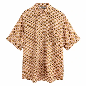 ženy vintage geometrické tisk kapsy patch kimono halenka krátký rukáv ležérní tričko office lady blusas femininas elegantní topy LS6435