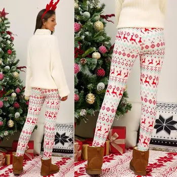 Ženy Vánoční Vločka Sobů Legíny Kalhoty Elastické Úsek Vánoce Kalhoty Plus Velikosti S-5XL