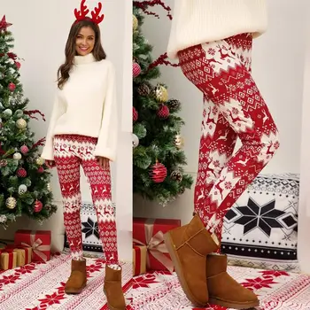 Ženy Vánoční Vločka Sobů Legíny Kalhoty Elastické Úsek Vánoce Kalhoty Plus Velikosti S-5XL