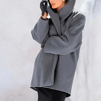 Ženy Zimní Vlněný Kabát Ležérní Volné Dlouhý Rukáv S Kapucí Kabát 2020 Nové Pevné Zahustit Teplé Lady Vynosit Směsi Kabáty